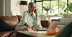 Phone call, online and laptop with old woman on sofa for retirement savings, virtual consultant and audit. Insurance report, contact and annuity fund with person talking in living room of home