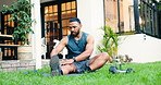 Fitness, exercise and stretching with man preparing for workout, cardio or training in home backyard. Health, wellness and performance with male athlete for routine, start and challenge in garden