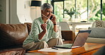 Remote work, phone call and mature woman in home for accounting, budget or client follow up. Talking, mobile and happy freelancer in living room for audit report, tax refund or good news for savings