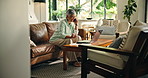 Mature woman, phone call and remote work from home with conversation, smile or contact in morning. Person, virtual assistant and smartphone by pc for discussion, happy and communication at house