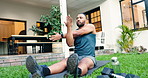 Outdoor, fitness and man with stretching arms for workout in backyard in morning at house. Activity, warm up and male person with exercise for health, wellness and muscle training in home garden.