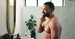 Happy, man and check face in mirror for skincare results, natural beauty and facial benefits. Portrait, shirtless and person with smooth skin, treatment and dermatology shine for self care at house