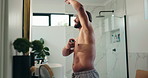 Hygiene, man and spray in mirror of bathroom for odor protection, sweat control and getting ready. Morning routine, person and happy with deodorant product in home for fresh fragrance and self care
