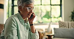 Senior, woman and happy with phone call on sofa for online consultation, finance planning or advice. Networking, person and speaking to contact for loan enquiry, retirement fund or discussion in home