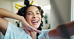 Woman, hairstyling and selfie with face in bathroom for morning, makeover or routine in home. Smile, glow and excited with foam hair curling rods in apartment for haircare, getting ready and date