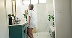 Toothbrush, dance and woman in bathroom with music, playlist or radio for getting ready in morning. Happy, energy and female person with album for karaoke, singing or fun with dental health in home.