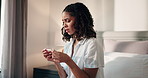 Home, woman and stress with pregnancy test on bed for pregnant results, regret or disbelief. Anxiety, person or overwhelmed with ovulation stick for fertility, disaster mistake or bad news in bedroom
