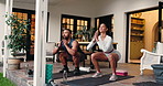 Woman, man and squat exercise with fitness, workout and balance with growth for leg muscle on patio. Couple, home and training with challenge, stretching and development for glutes in morning