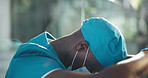 Black man, doctor or fail with face mask for mistake, disappointment or poor procedure at hospital. Male person, nurse or upset surgeon with regret for loss, grief or bad health operation at clinic