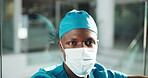 Depression, healthcare and face of nurse in lobby for fail surgery, fatigue and malpractice. Medical burnout, treatment mistake and mental health with person in hospital for sad, patient loss