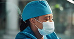Doctor, burnout or woman in hospital for surgery fail, patient death and operation mistake. Fatigue, stress and surgeon  with regret for health procedure, healthcare or disappointed with pressure