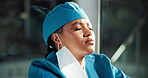 Doctor, black woman and stress in hospital for surgery fail, patient death and operation mistake. Healthcare, night and surgeon with regret for health procedure, overtime and disappointed with loss