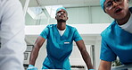 Medical, team and surgeon with patient pov in hospital, rushing or healthcare intervention with doctors. Low angle, emergency surgery or nursing group with perspective of sick person, health and help