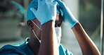 Black man, doctor or mistake with face mask at hospital for disappointment, fail or poor procedure. Male person, nurse or upset surgeon with regret for loss, grief or bad health operation at clinic
