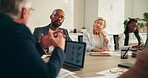 Ceo, talking and meeting with business people in office for account manager, investment banker and team. Collaboration, strategy analyst and revenue report with employee in finance agency for pitch