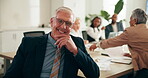 Mature, business man and face in conference room with team, CEO and meeting with group for company pride. Happy, confident and boss with people in boardroom, oversee project planning and documents