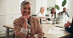 Happy, face and meeting with business woman in office for account manager, investment banker or team. Collaboration, strategy analyst and revenue report with mature person in finance agency for pitch