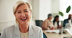 Mature woman, laugh and face in business meeting for corporate planning, budget and finance team. Financial, female leader and happy for career growth, training or professional pride in office