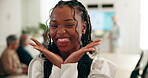 Playful, businesswoman and face in office with team, presentation or meeting for hand frame. Smile, dance and employee with people in boardroom, tongue out for fun or project pitch with palm portrait