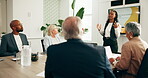 Presentation, proposal and meeting with business woman in office for pitch, teamwork and feedback. Discussion, speaker and project briefing with people for planning, collaboration and review