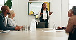 Business woman, presentation and meeting with phone for proposal, design or app demonstration. Female person, developer or software designer talking to group or team with technology for new UI or UX
