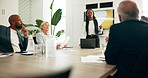 Presentation, client and meeting with business woman in office for proposal, teamwork and feedback. Discussion, speaker and project briefing with people for planning, collaboration and review