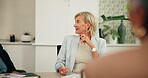 Team, talking and meeting with business people in office for account manager, investment banker or review. Collaboration, strategy analyst and revenue report with employee in finance agency for pitch