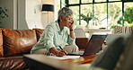 Stress, research and laptop with old woman on sofa for retirement future, debt and account audit. Tax return, reflection and loan rejection with senior person in home for online finance and documents