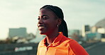 City, black woman and thinking with smile for fitness, marathon training and break with confidence. Outdoor, female person and runner with rest for exercise, workout and happiness for cardio on road