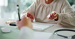Person, hands or doctor with patient for consultation, prescription or medical diagnosis at clinic. Client, healthcare worker or nurse talking with documents for life insurance or results at hospital