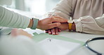 Person, hands or doctor with patient for advice, consultation or medical diagnosis at clinic. Client, healthcare worker or nurse talking with document for comfort, sympathy or empathy at hospital