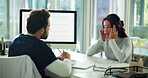 Doctor, patient and headache symptoms with writing for healthcare, medical diagnosis and advice. GP, woman and tech in private practice with opinion, health assessment and prescription for healing