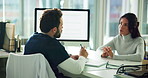 Doctor, patient and discussion in office healthcare, medical opinion or advice in consultation. Specialist, tech and woman in private practice with feedback, health assessment or evaluation with help