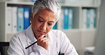Thinking, woman and mature doctor writing for patient records, history information and healthcare. Ideas, solution and paperwork with medical notes for prescription, diagnosis report and referral