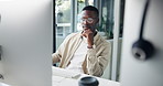Black man, computer or thinking in office for research, email networking or editing article. Creative writer, SEO or typing with technology for reading news, latest trends information or connection