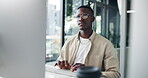 Black man, computer or typing in office for networking, business research or editing article. Creative writer, SEO or employee with technology for news search, latest trends information or connection