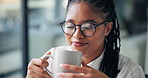 Happy, business and black woman with coffee in office on break for working, planning and project. Professional consultant, creative worker and person with drink, beverage and satisfaction for career