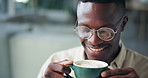 Drink, business and black man with coffee in office on break for working, planning and project. Professional consultant, creative worker and person with caffeine, beverage and satisfaction for career