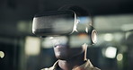 Virtual reality, headset and black man with 3d gaming for metaverse, cyberspace or esports. VR glasses, fantasy and African male person with goggles for interactive video game with simulation.
