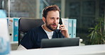Phone call, nurse and man with telephone, hospital or communication with contact for medical advice. Clinic, administration and person with tech for appointment, night and schedule for healthcare