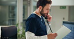 Phone call, nurse and man with paperwork, hospital and talking with contact for patient information. Healthcare, administrator or person with telephone for medical appointment, communication and file