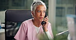 Mature woman, nurse and phone call in office for medical report, results and wellness advice. Female person, chat and mobile for discussion, information and confirm appointment of healthcare services