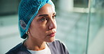 Tired surgeon, thinking or woman with stress in hospital for surgery fail, patient death or mistake. Upset, face or doctor breathing in clinic with healthcare burnout, fatigue or medical crisis 