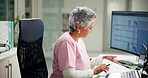 Healthcare, nurse and woman in clinic, documents and schedule with compliance, wellness and report. Mature person, medical service and professional with paperwork, hospital policy and review charts