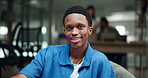 Happy, black man and face of journalist in office with confidence for creative career development. Smile, relax and portrait of African copywriter from Kenya with pride for internship in workplace.