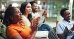 Creativity, applause and business people in office, smile and cheering for profit growth. Employees, web designer and group in workplace, clapping or success with achievement or approval for proposal