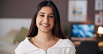 Face, woman and smile for fashion at house for getting ready, evening outfit and styling. Portrait, content creator and confident with clothes choice, morning routine and jewellery of vlog in bedroom