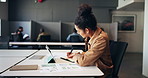 Writing, tablet and woman in office for statistics, website analysis and research for seo. Creative, professional and person with notes, graph and chart for online review, web report and project
