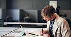 Business, documents and man in office, charts and planning with tablet, writing and schedule. Person, employee and creative with tech, ideas and brainstorming for profit growth and graphs for sales