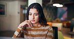 Thinking, computer and businesswoman in home office with ideas, research or plan for creative project. Freelancer, reading and female magazine editor with online article for publishing in house.